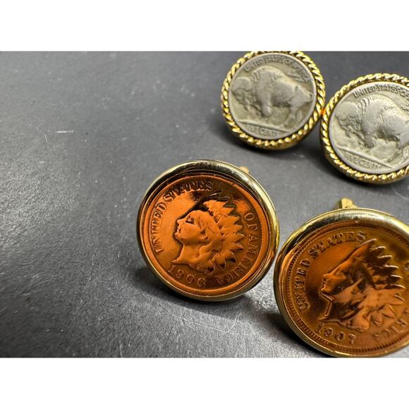 Vtg Buffalo Nickel Gold Rope Bezel Coin 1906 & 1907 Indian Head Penny Cuff Links - Picture 3 of 10